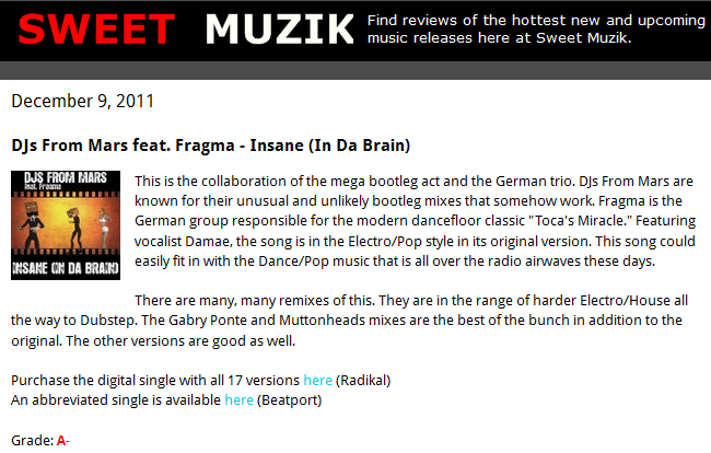 Sweet Muzik Reviews Insane In Da Brain By DJs From Mars Featuring Fragma